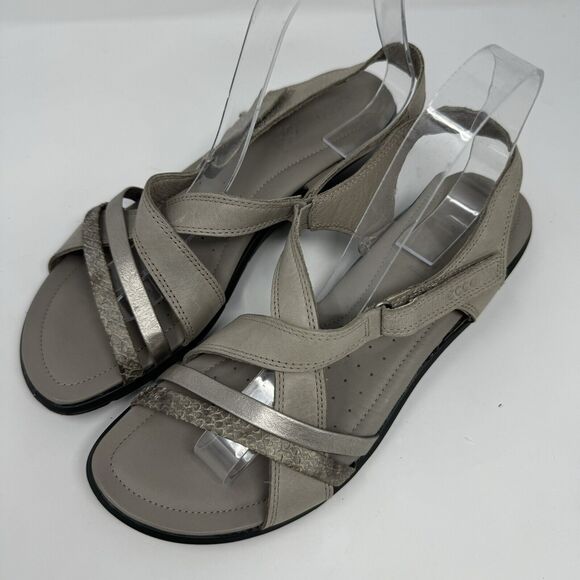 Ecco Felicia Wedge Slingback Strappy Sandals Tan Gray Leather Womens Sz 41 10.5 - Picture 2 of 6